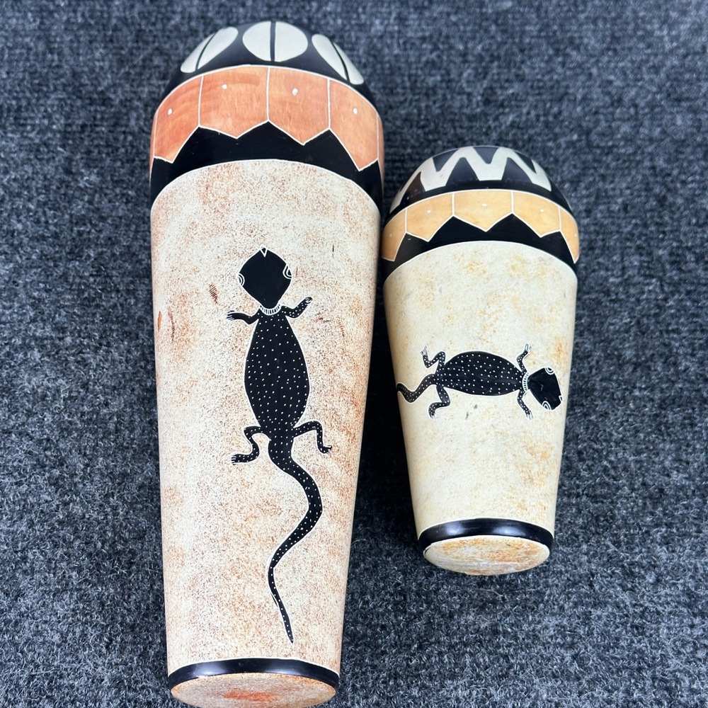 Southwestern Hand Painted Gecko Ceramic Vase Set 2pc Tribal Geometric Pattern - Picture 2 of 14